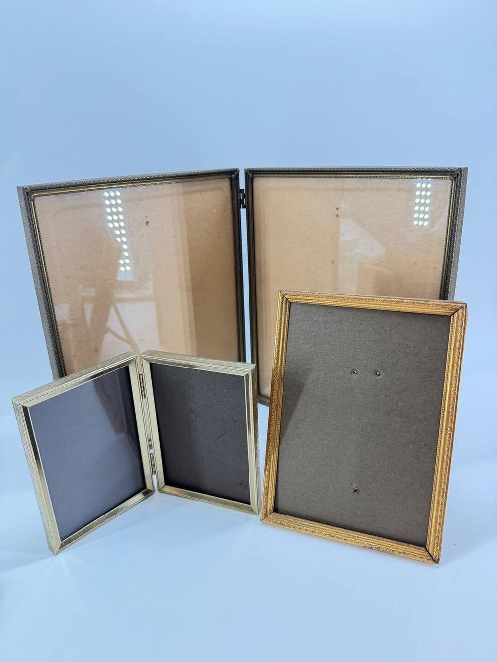 Vintage Gold Tone Metal Picture Frames Lot Double Hinged Some Missing Glass